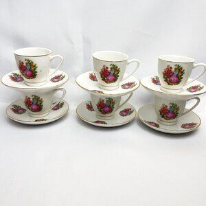 Demitasse Tea Set 6 Cups & Saucers Vintage Romantic Courting Scene Gold Trim